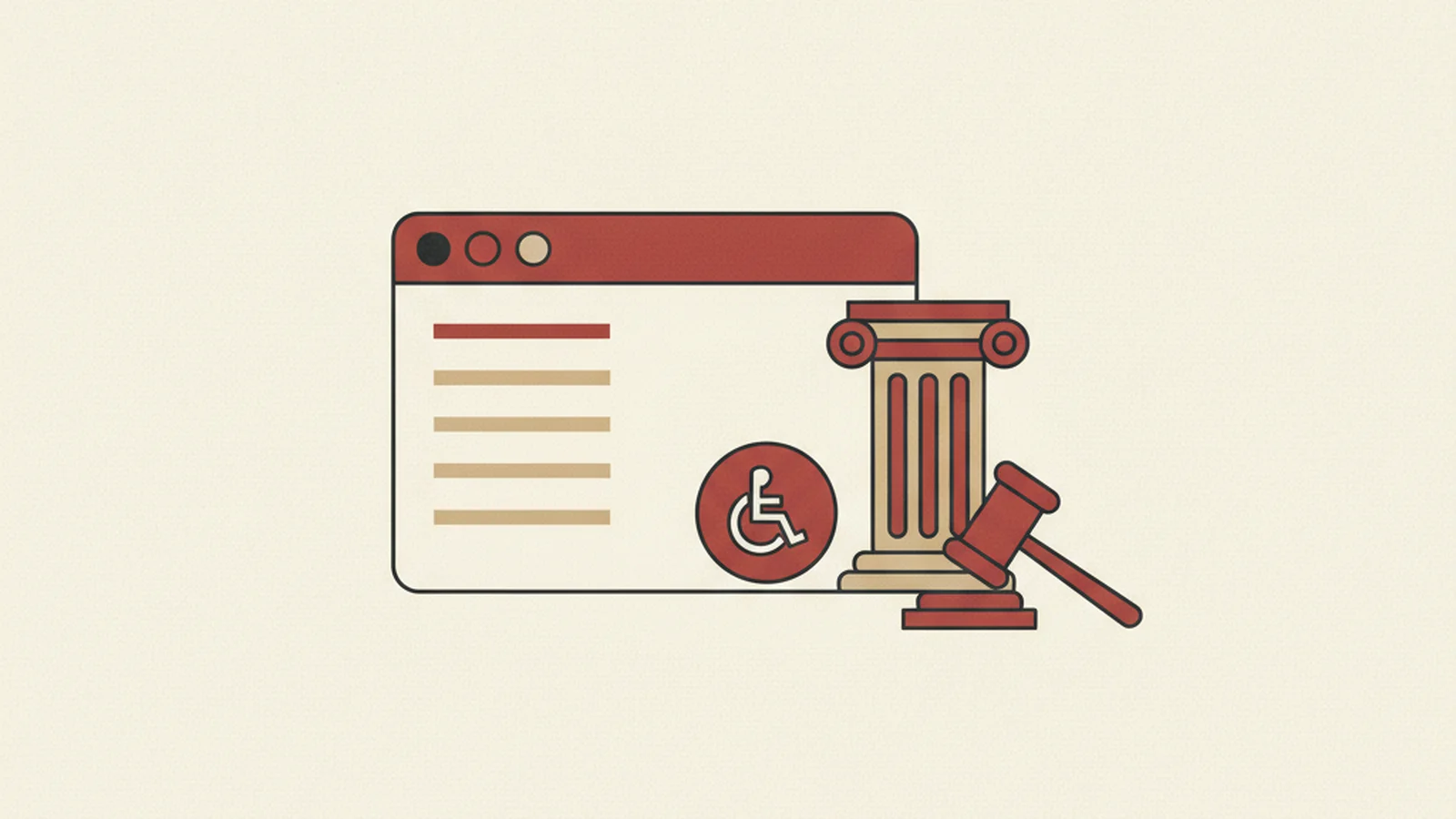 Oxblood and cream editorial illustration of a browser window with an overlay widget icon being stamped as a legal exhibit