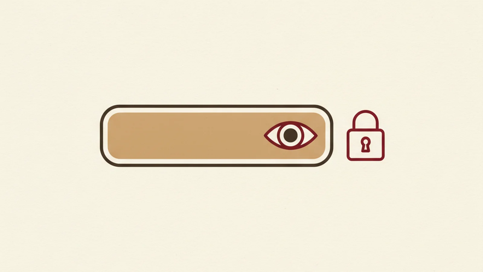Illustration of a password input field with a small eye icon toggle beside it and a padlock outline, in an oxblood and cream editorial style