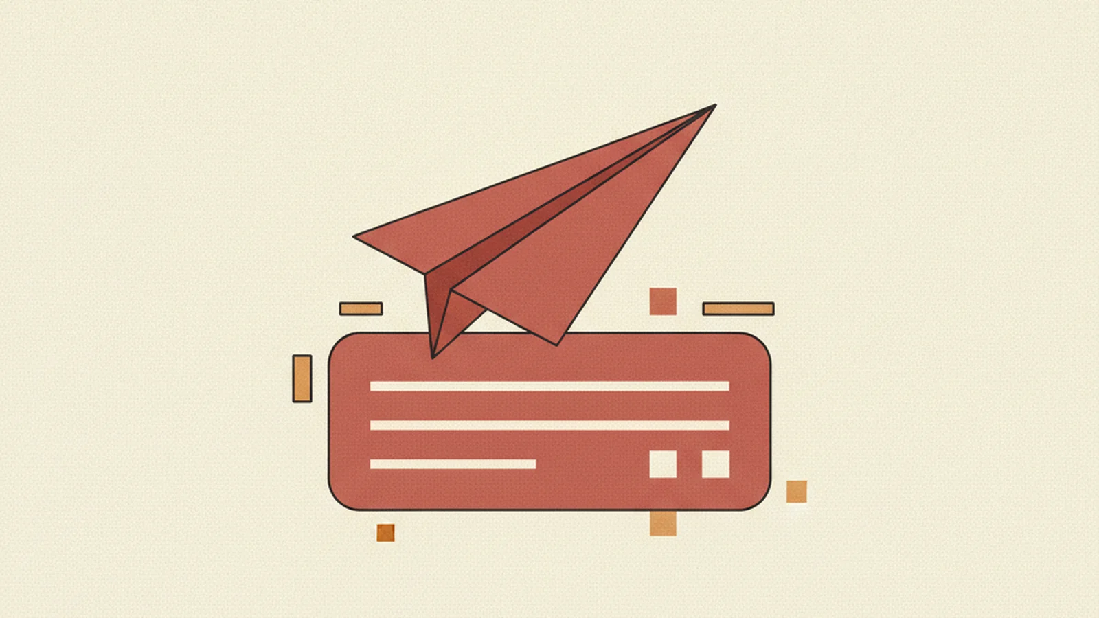 Illustration of a small paper airplane labeled with a checkmark flying past a large, unfinished trophy labeled 100 percent, in an oxblood and cream editorial style