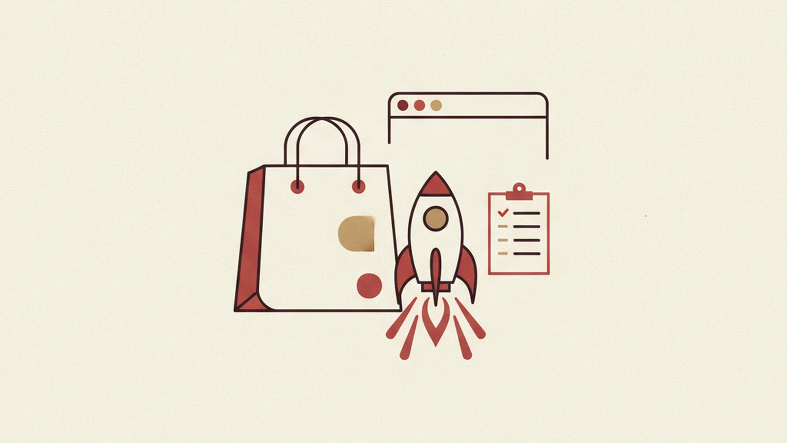 An oxblood and cream editorial illustration of a launch countdown screen with a checklist of six accessibility items beside a rocket icon.