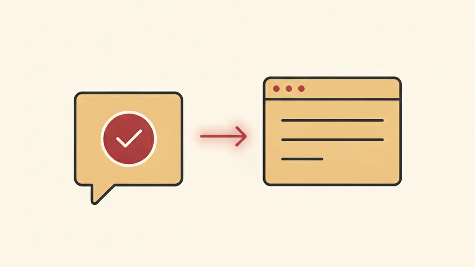 Illustration of a chat prompt bubble with a checklist icon feeding into a UI component, in an oxblood and cream editorial style