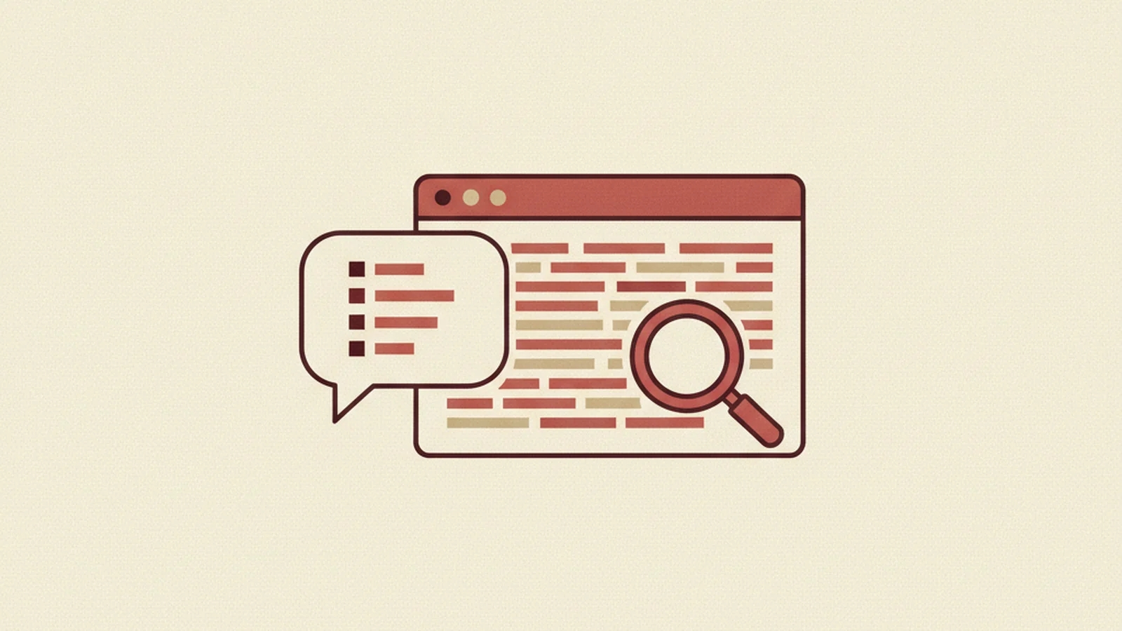 An oxblood and cream editorial illustration of a magnifying glass hovering over a broken dropdown menu, with a numbered checklist unfurling beside it.