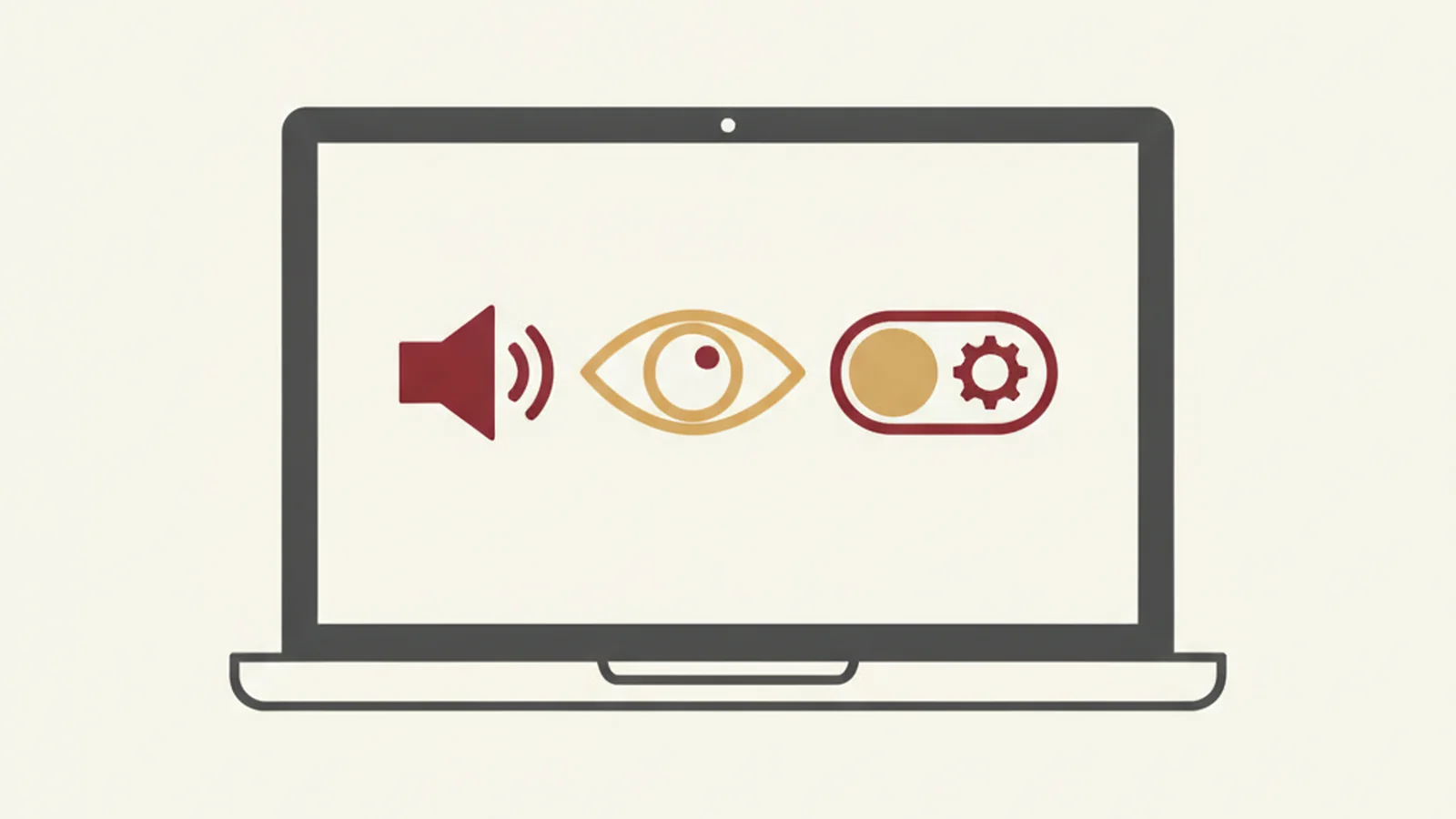 Illustration of a laptop with a small speaker/sound-wave icon and a closed-eye icon beside a settings toggle, in an oxblood and cream editorial style