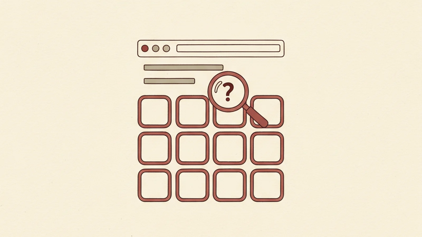 Oxblood and cream editorial illustration of a magnifying glass hovering over the word accessibility inside a mobile app store listing