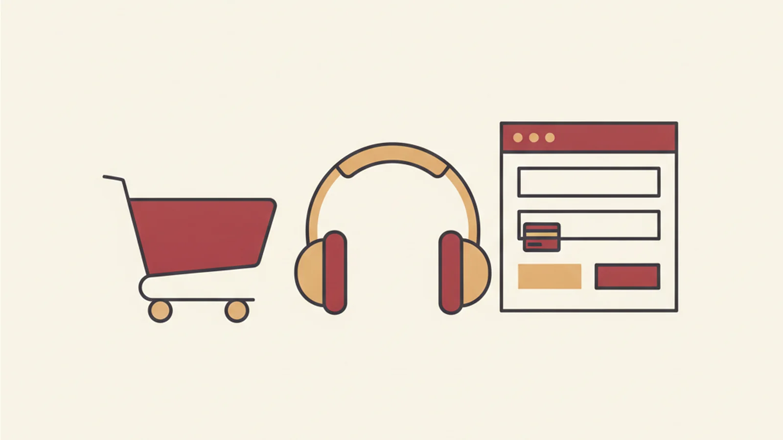 Illustration of a shopping cart icon beside a pair of headphones and a browser checkout form, in an oxblood and cream editorial style