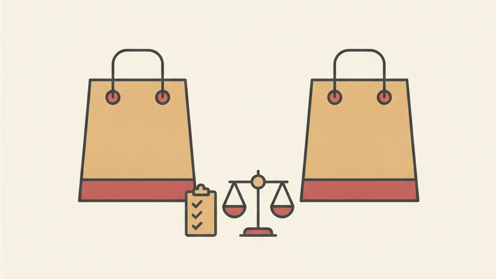 Illustration of a Shopify bag icon and a WooCommerce bag icon facing each other with a checklist scale between them, in an oxblood and cream editorial style