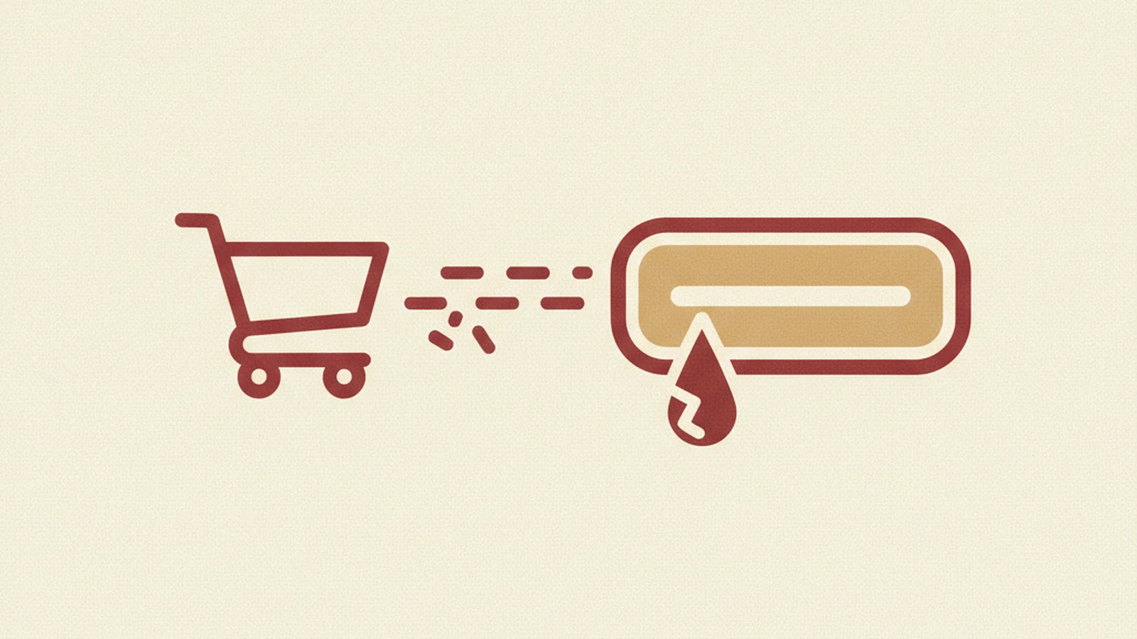 Illustration of a shopping cart icon fading into a faint outline as it approaches a checkout door, in an oxblood and cream editorial style