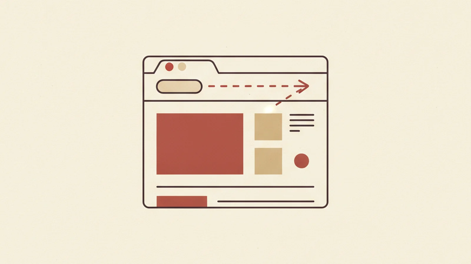 Oxblood and cream editorial illustration of a hand pressing a keyboard Tab key while a faint, half hidden skip link ghosts in and out at the top of a webpage.