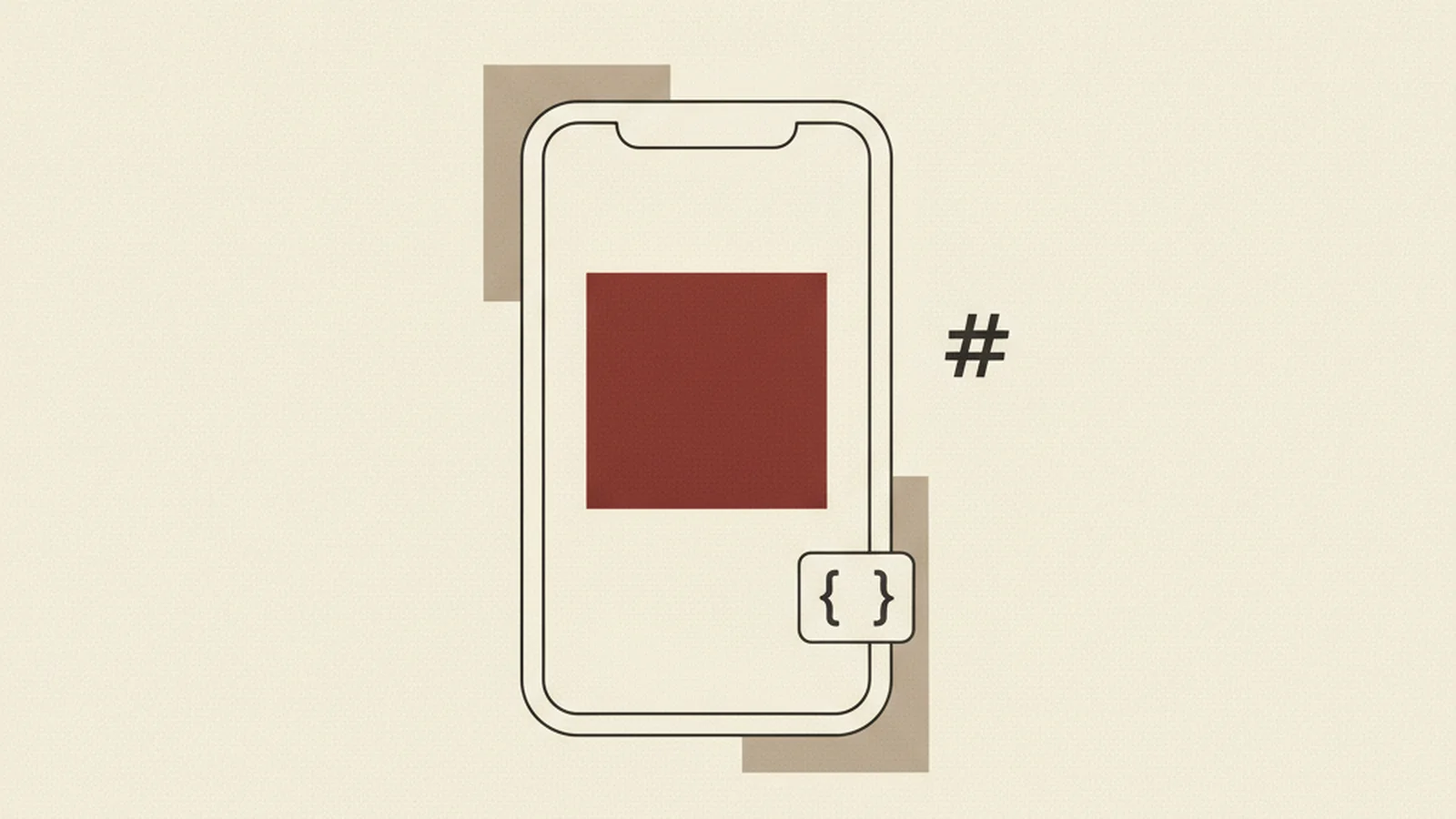 Illustration of a smartphone showing a photo post with an alt-text tag icon and a hashtag symbol beside it, in an oxblood and cream editorial style