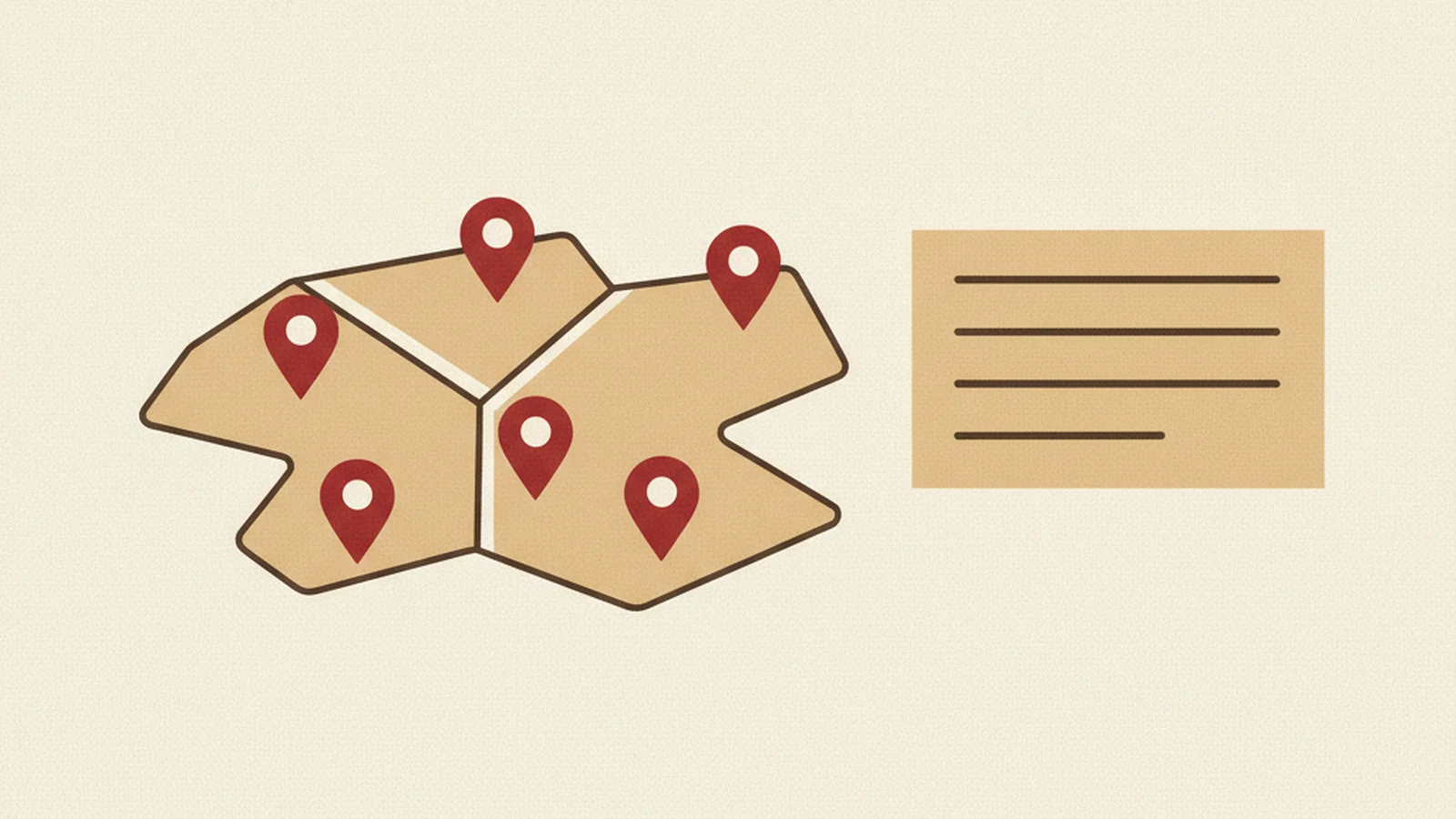 Illustration of a map with several pin markers beside a simple bulleted list of addresses, in an oxblood and cream editorial style