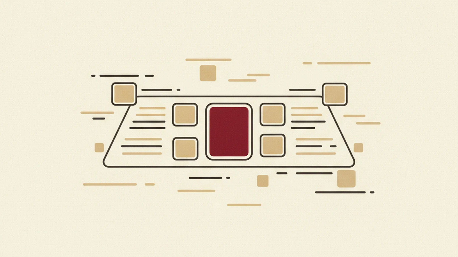 Illustration of a simple dashboard card showing a downward-trending line labeled open issues, in an oxblood and cream editorial style