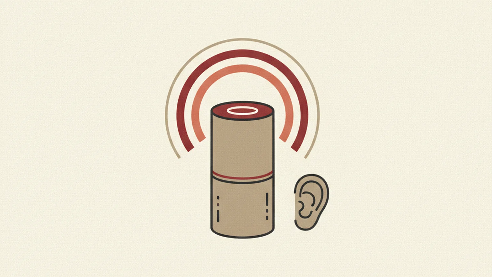Oxblood and cream editorial illustration of a hand speaking toward a glowing microphone icon beside a mismatched button label