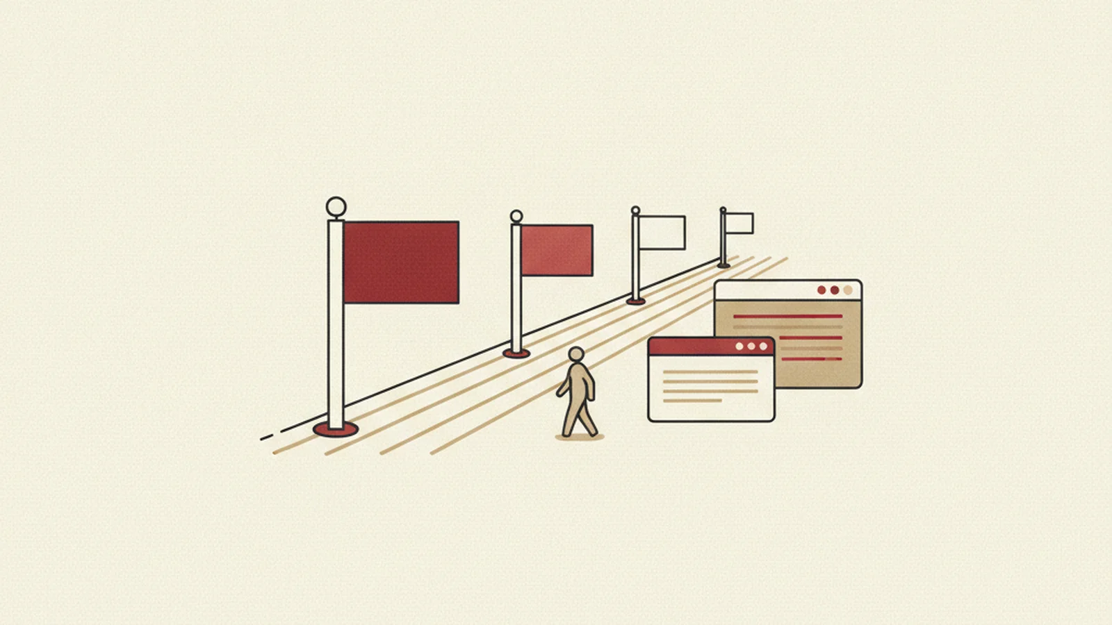 Editorial illustration in oxblood and cream tones of a horizontal timeline with milestone markers representing the WCAG 2.1, 2.2, and 3.0 standards.