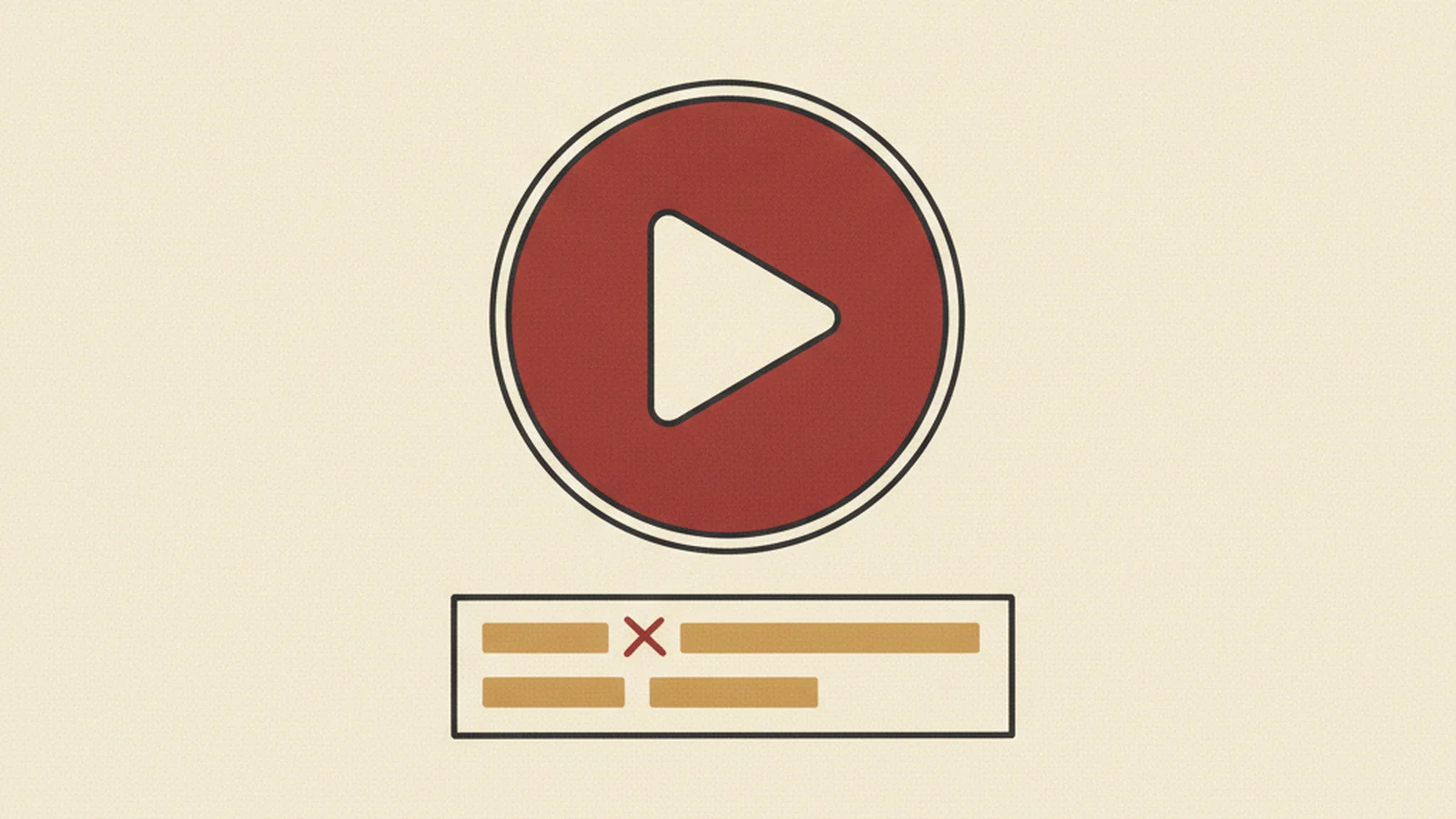 Editorial illustration in oxblood and cream of a video caption bar splitting into two mismatched lines of text, evoking a transcription error.