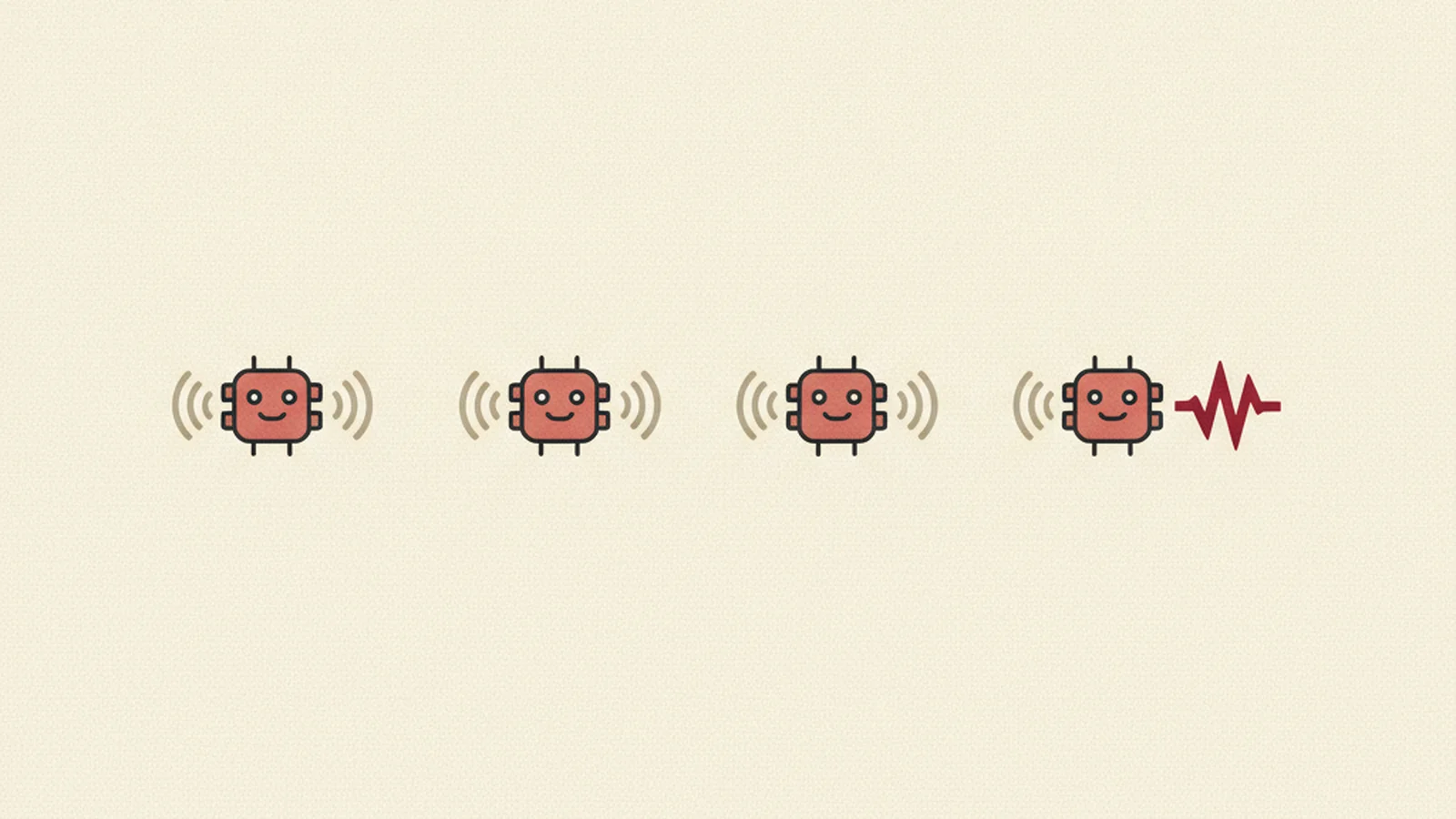 Oxblood and cream editorial illustration of four identical screen panels in a row, each held under a magnifying glass, with checkmarks on the first two flagged spots and one lone X beside the third.