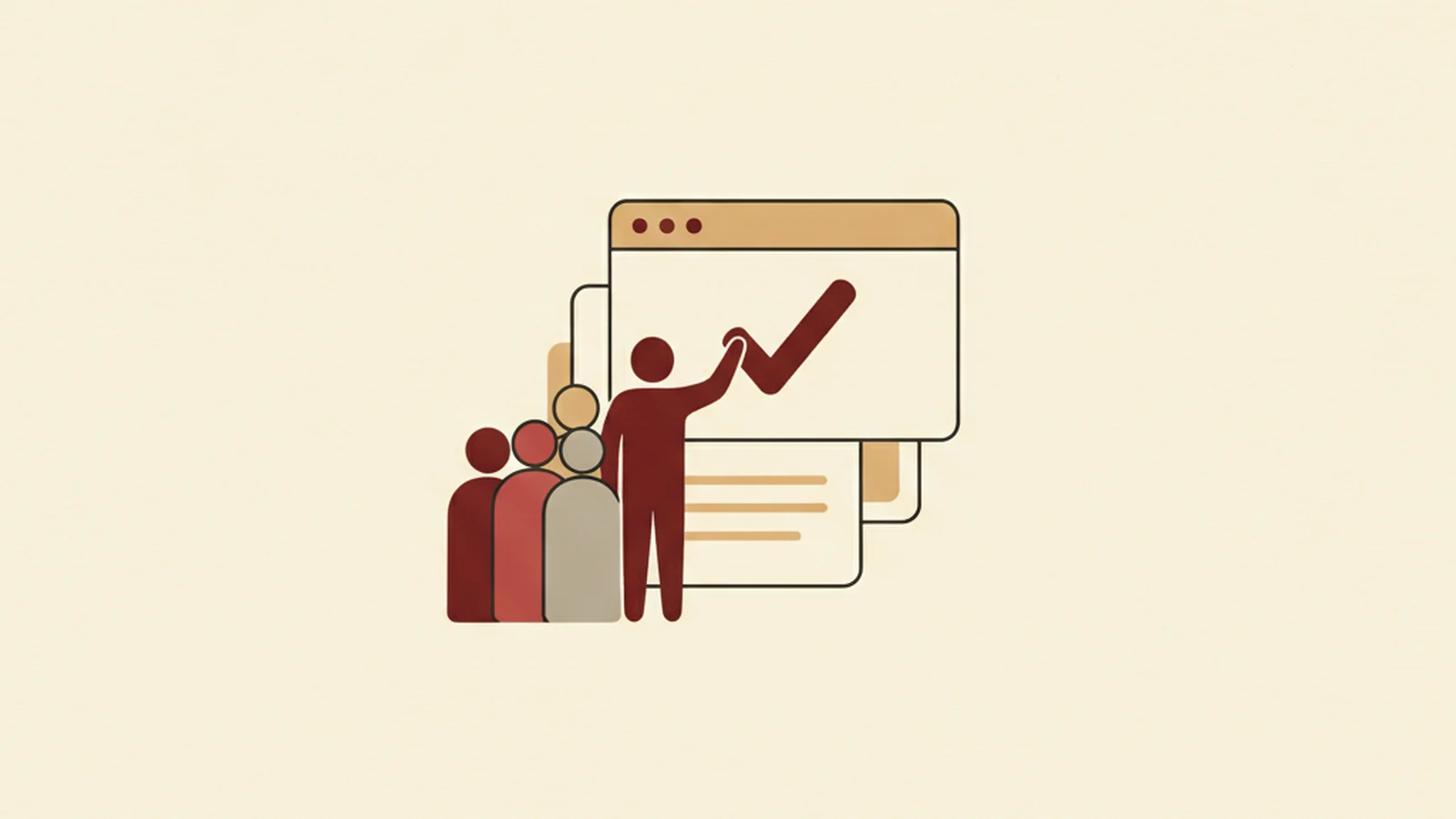 Illustration of a component library icon with a small checkmark gate positioned early in a build pipeline, in an oxblood and cream editorial style