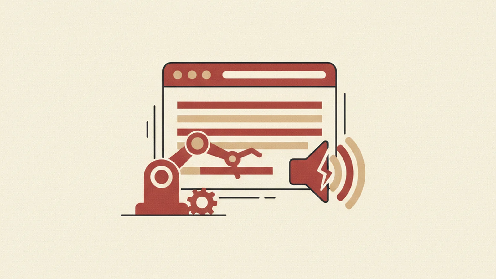 Illustration of a screen reader icon and a robot-agent icon both pointing at the same broken button element, in an oxblood and cream editorial style