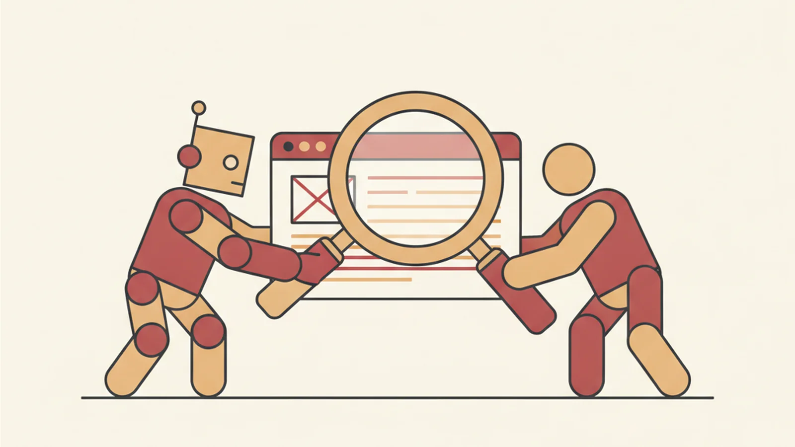 Illustration of a robot and a human figure each holding half of a magnifying glass over a webpage, in an oxblood and cream editorial style