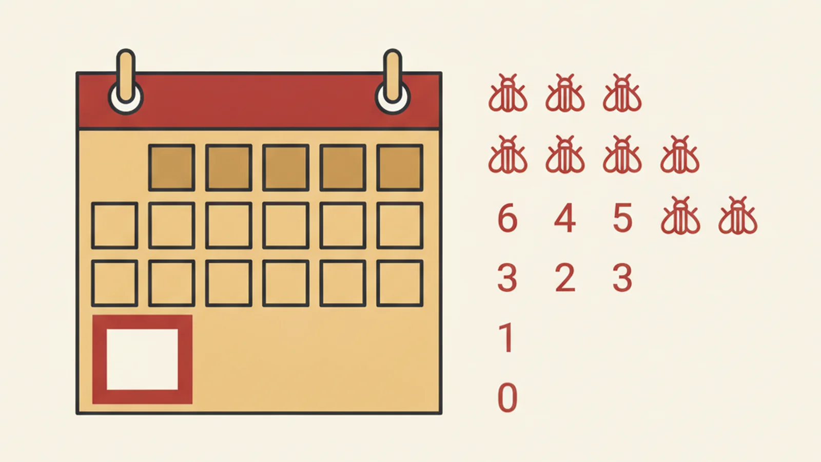 Illustration of a countdown calendar with a shrinking bug icon count next to it, from many bugs down to zero, in an oxblood and cream editorial style