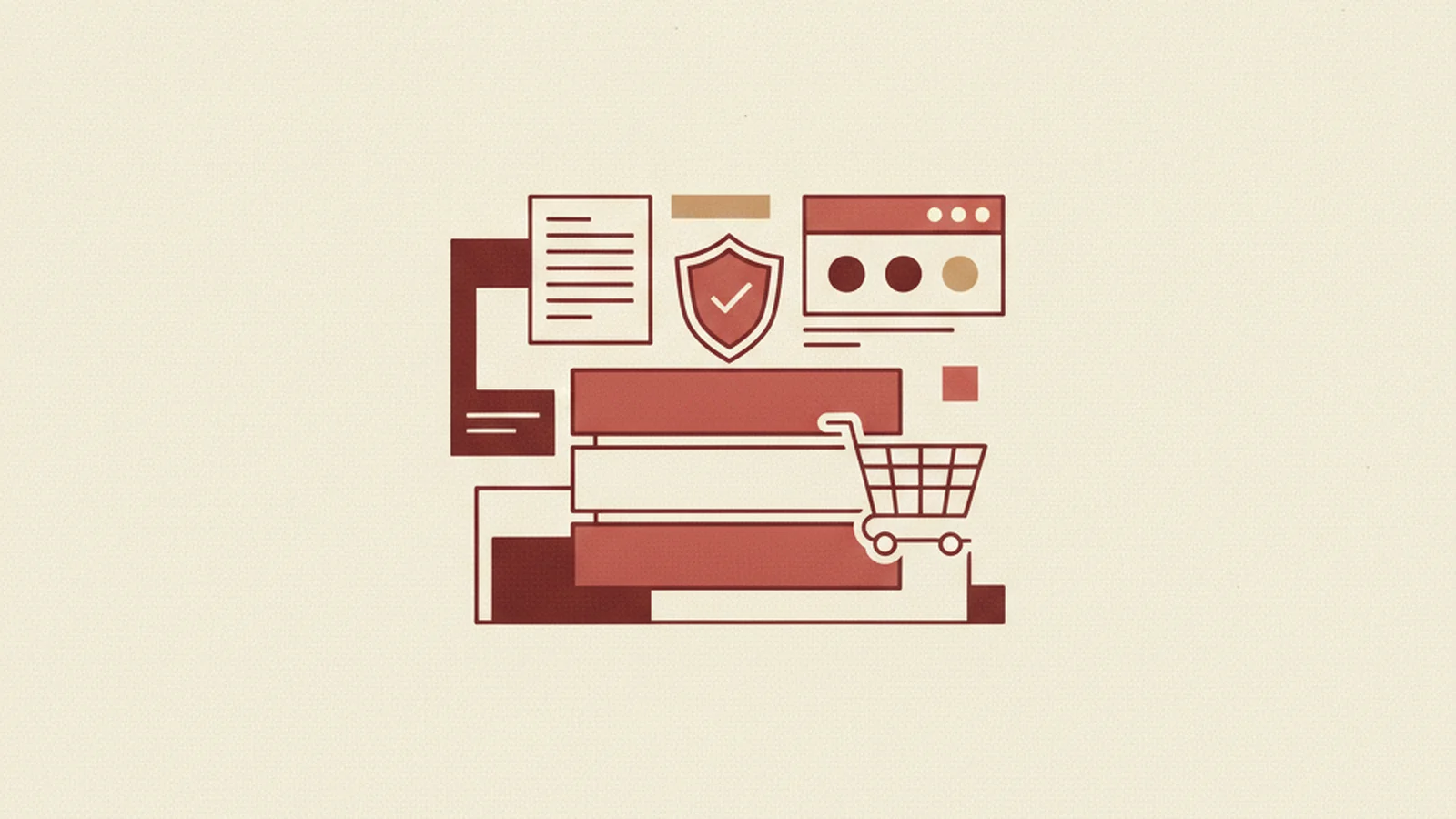 An oxblood and cream editorial illustration of four stacked building blocks labeled theme, core, plugins, and testing, rising toward a checkmark.