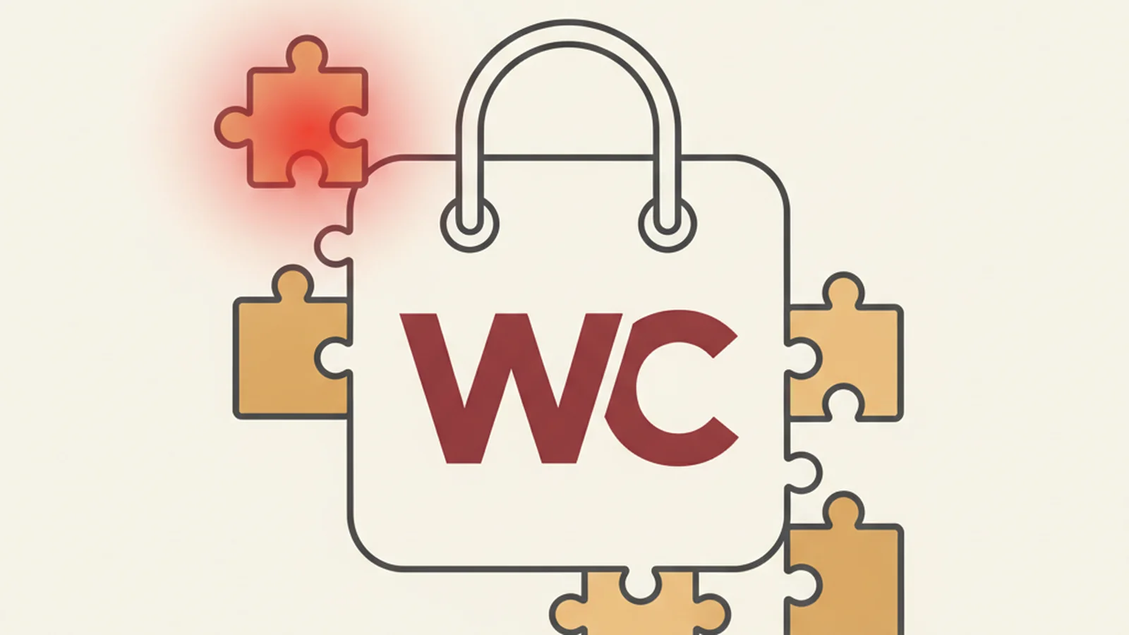 Illustration of a WooCommerce shopping bag icon with several small puzzle-piece plugin icons stacked around it, one glowing red, in an oxblood and cream editorial style