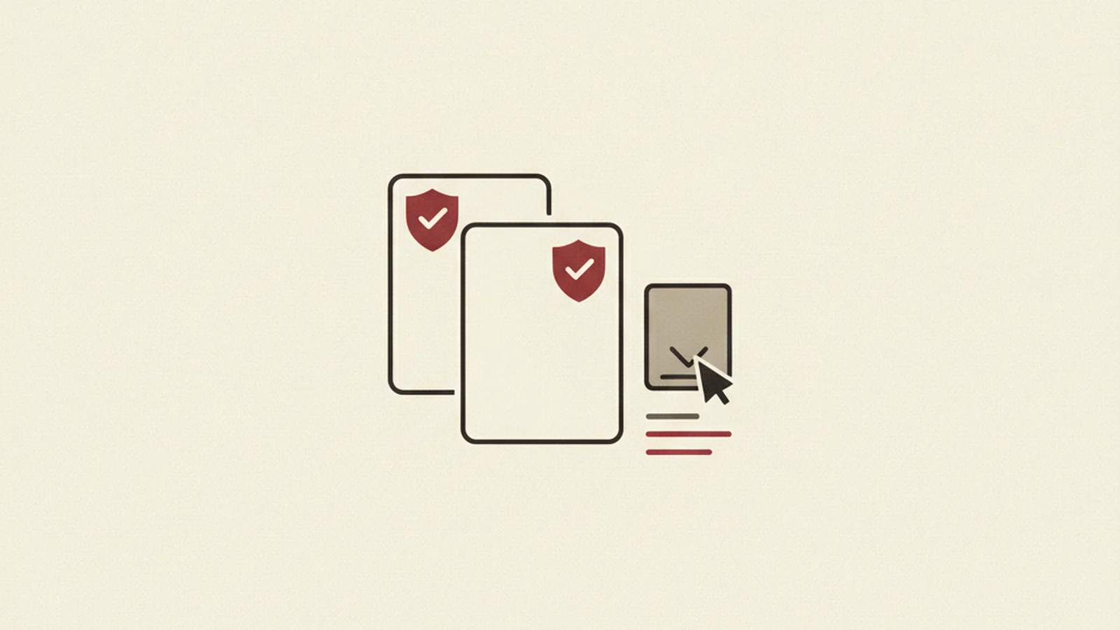 Illustration of two overlapping document icons with shield-and-checkmark badges and a cursor pointing to a hidden menu, in an oxblood and cream editorial style