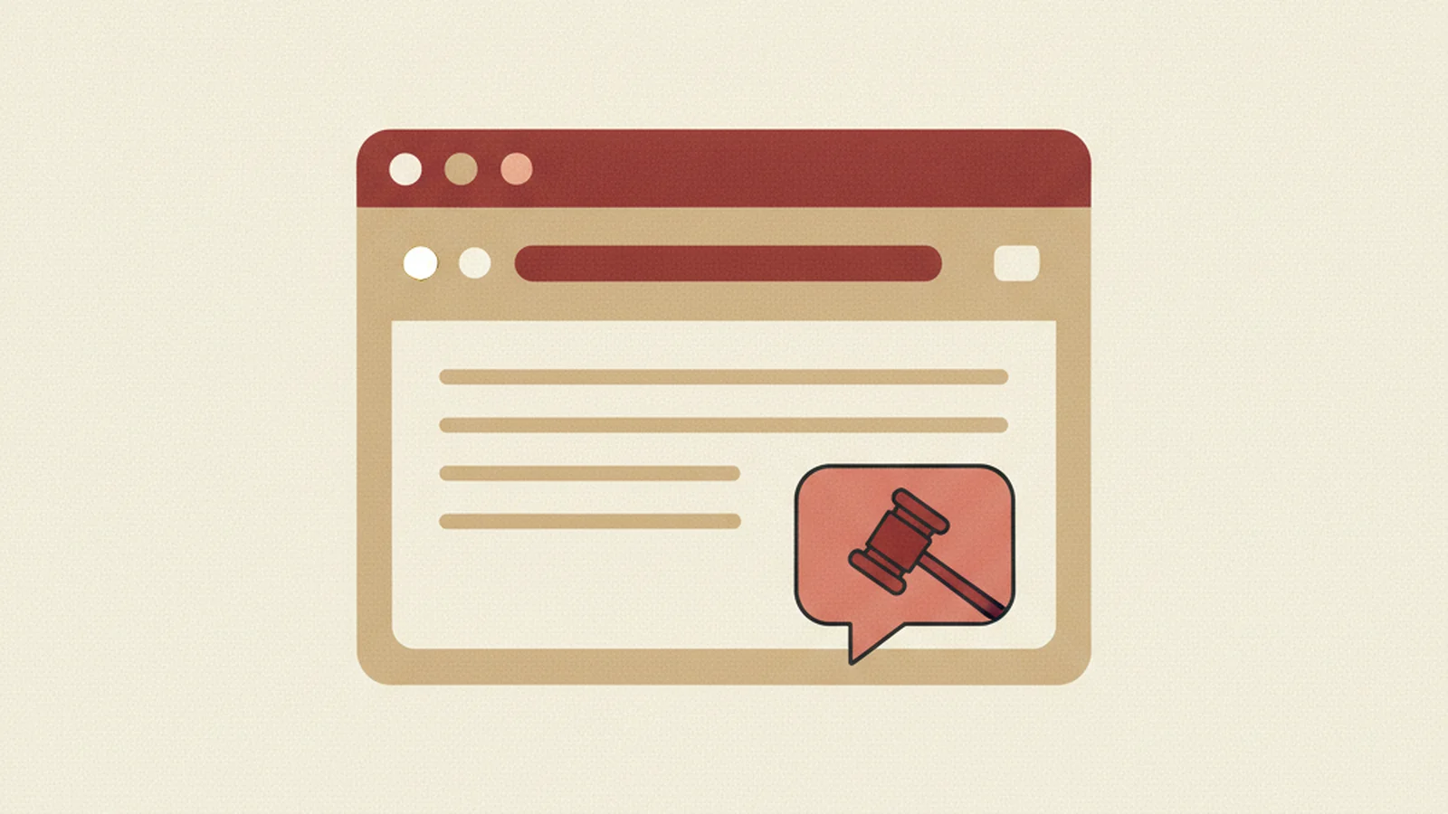 Oxblood and cream editorial illustration of a chat bubble icon marked with a legal alert symbol, in a bold minimalist style.