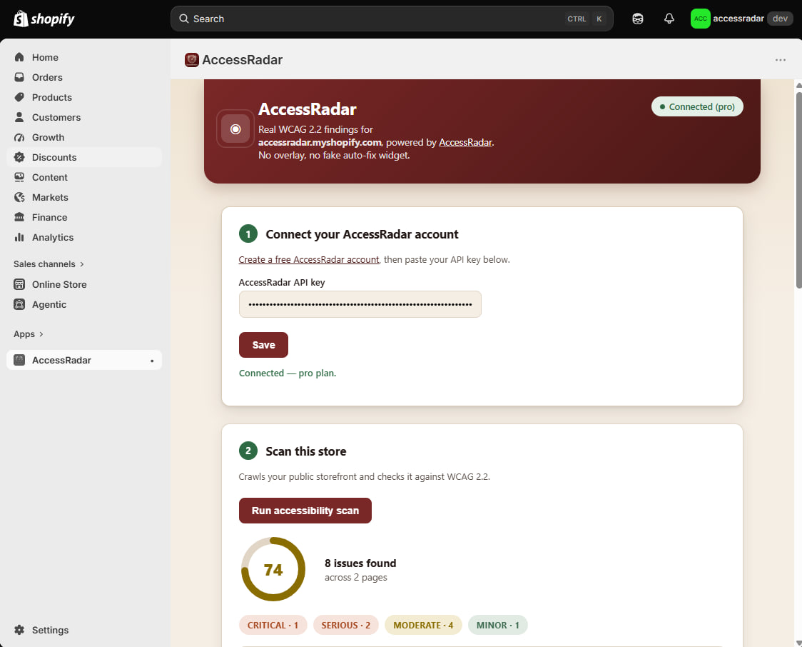 AccessRadar app inside Shopify admin showing a WCAG 2.2 scan with an accessibility score and findings by severity