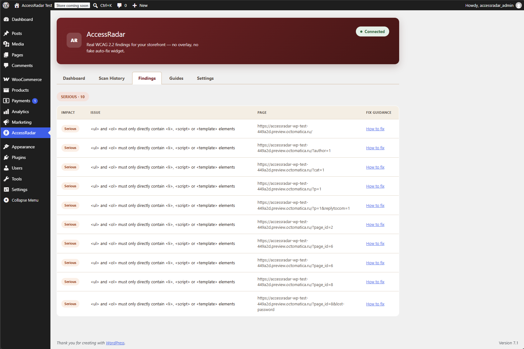 AccessRadar Findings tab inside the WordPress dashboard, listing WCAG 2.2 issues with impact level, affected page, and a fix-guidance link